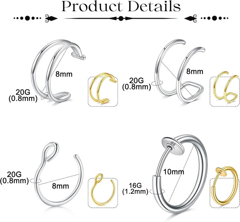 JFORYOU Fake Eyebrow Ring Fake Lip Labret Studs Replacement Balls Spike with 100pcs Sticker Non-Piercing Body Jewelry Fake Skin Piercing - Image 2